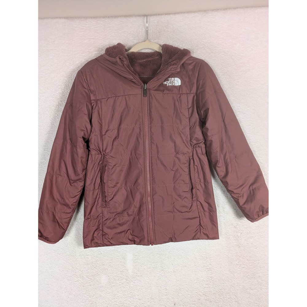 The North Face Reversible Jacket Girl's Size L Rose Puffer Faux Fur Hooded